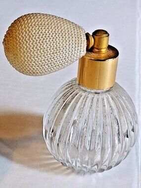 2 Perfume Bottle Set - Clear Round Ribbed Glass w/Butterfly Stopper & Atomizer